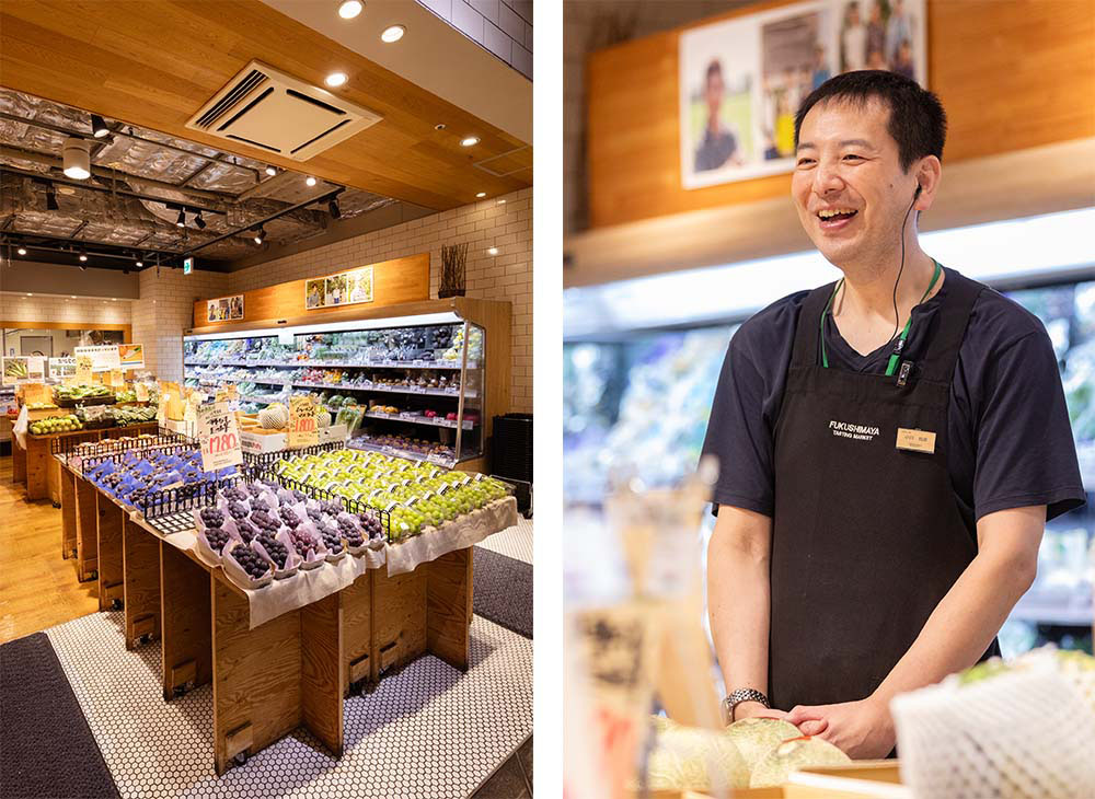 福島屋六本木店店長兼青果部セクションリーダー、小川和彦さん。入社23年。「六本木店はエキナカという好立地のため、悪天候でも客足は変わりません」