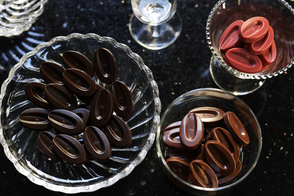 フルーツの力強さと鮮やかな色合いを実現した「インスピレーション」シリーズから、活き活きとしたストロベリーの味わいと鮮やかなピンク色の『インスピレーション・フレーズ』（右端）。カカオバターの脂肪分と果実の水分という相性の悪さを専門技術で克服。「シェフのため、製菓のために尽くす」姿勢を体現した革新的なフルーツ・クーベルチュールだ。