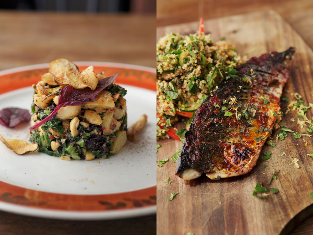 左）ジャガイモとケールのサラダ・・・ゴロゴロのジャガイモと、クセのあるケールが、アリッサの辛味に負けずバランスよく馴染む。ローストしたカシューナッツの食感も秀逸。 右）サバのロースト　タブレ添え・・・サバの表面にオリーブ油で伸ばしたアリッサを塗ってローストすることで、魚の旨味とアリッサの旨味が香ばしく絡む。塗り過ぎには注意。 り。干し貝柱はスープ、お粥の具材に使っても美味。