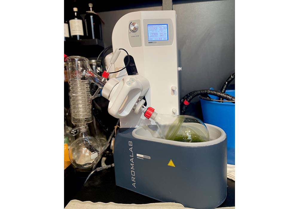 （写真）バジルフレーバーを用いて作業中の小さな蒸留器は、中部イタリアの吹きガラス製造会社のもの。単一ボタニカルジンも製造している。