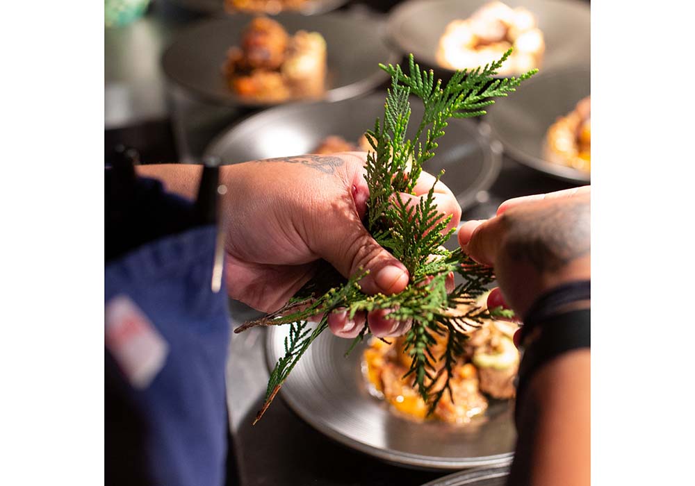 (写真) 北米原産でない黒コショウなどのスパイスは使わない。料理の風味付けには、ベルガモット、ヒソップ（ハッカ）など野生のハーブや、杉や松などの針葉樹を取り入れる。甘味にはベリー類やメープルシロップなどの樹液を使用している。photograph by Sean Chee
