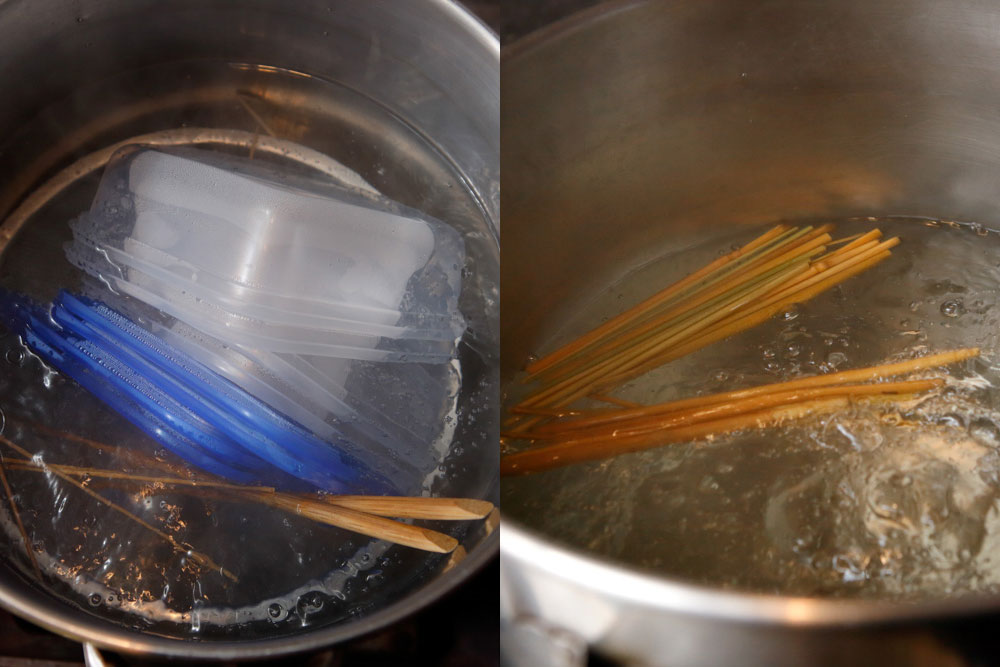 容器・藁を煮沸する