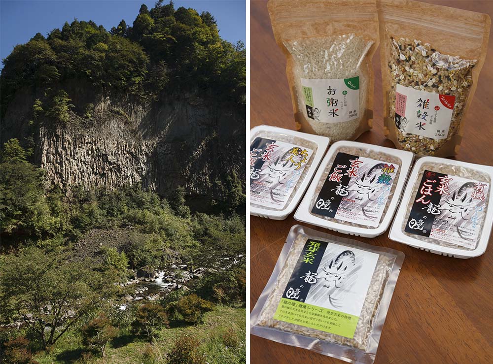 （写真左）下呂の名所「巌立峡（がんだてきょう）」は名水の地としても知られ、豊かな自然を潤す。 （写真右）「 お粥米」や「雑穀米」、「発芽玄米」をはじめ、レトルトタイプの玄米ごはんも有機JASや雑穀入りなど３種を販売。