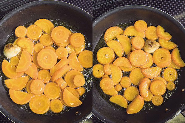 ニンジン：炒め始めの表情、炒め上がりの表情