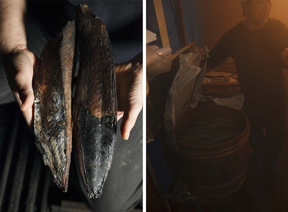 （写真左）本枯れ節は皮で質を見分けることができる。縮緬状に縮んだものがよく、膨らんでよれた跡が残ったものは一段落ちるとされる。 （写真右）樽に詰め、最初のカビ付けは湿度の高いムロで行われる。