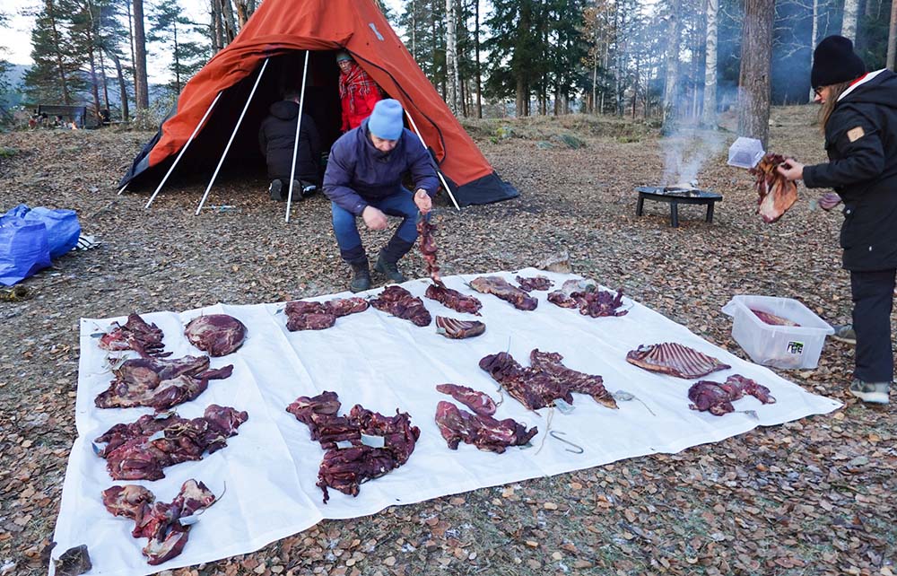 （写真）おいしそうな色に変わったトナカイ肉をシートに並べ、それぞれが自分の肉を持ち帰る。自分が手がけた肉の燻製の出来栄えに参加者は満足そう。写真の右奥にある黒いテーブルは、焚火としてラヴヴォの中に設置されていたものだ。