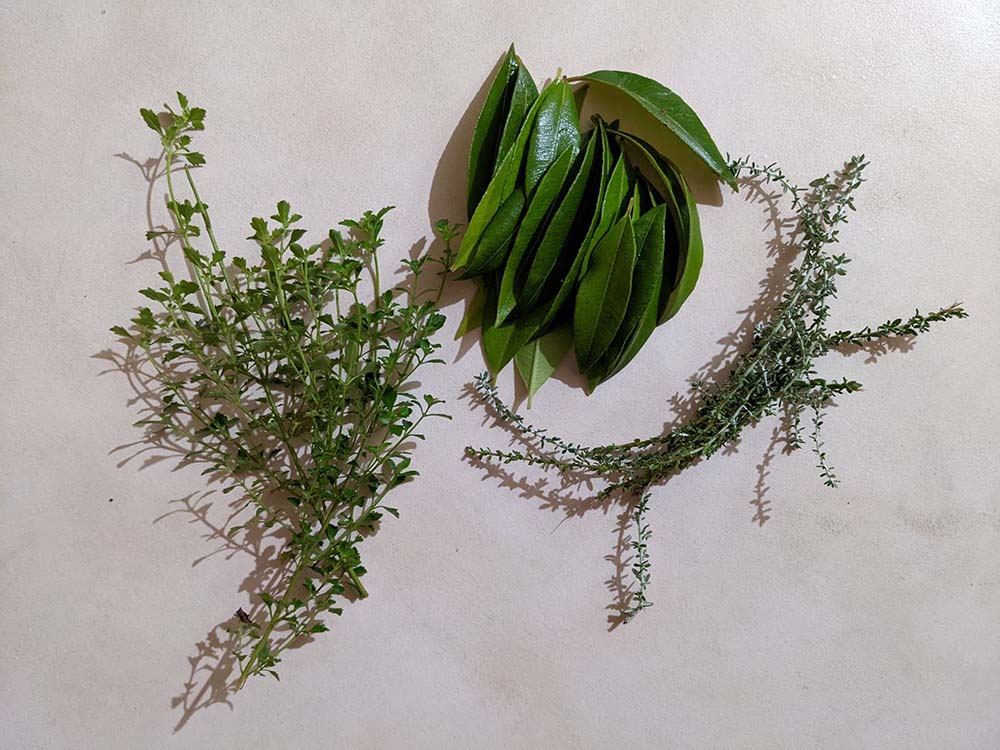 （写真）左から豪州原産のタイム、レモンマートル、濃いローズマリーの味わいがするデイジーブッシュ。乾燥させて砕いた粉状の状態で、環境再生型農業に取り組むオーガニック農園から購入しており、パイやハーブティーの主役に。