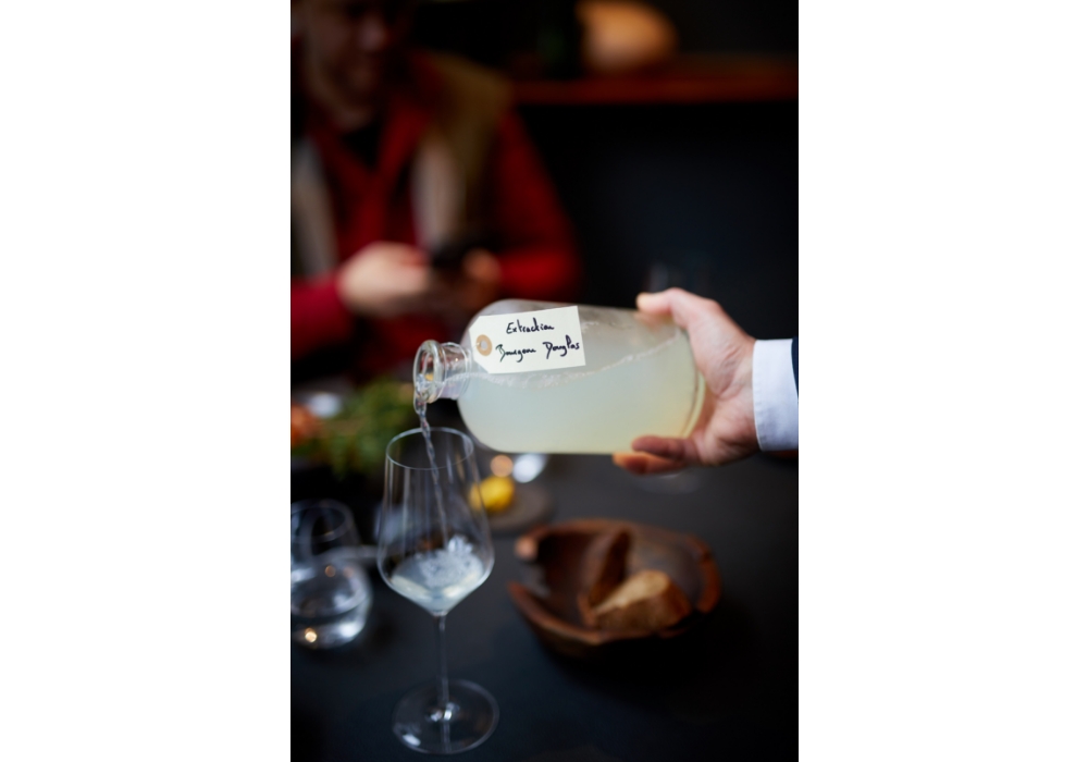 （写真）ブルターニュ産オマール海老の皿にペアリングしたのは、ダグラスファー（米松）の実から抽出したエキスで作ったドリンク。オマール海老はダグラスファーの枝を敷いたバーベキューコンロでグリルし、黄金カブのコンフィ、ダグラスファーのビネグレットソースとグレープフルーツの皮のジュレ、グレープフルーツの香りをしのばせたオマール海老味噌のサバイヨンがけと、３種類のアレンジを楽しむ。