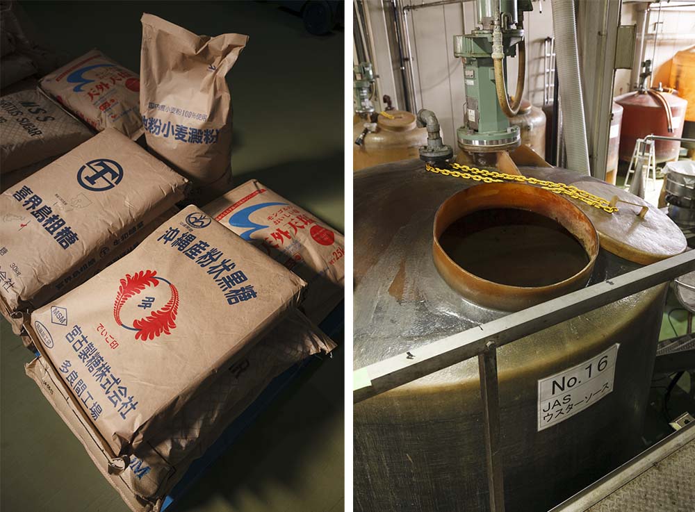 （左写真）黒糖は「そのまま食べると止まらないほどのおいしさ」と社長。 （右写真）ウスターソースは加熱調合の後、約 10 日寝かせて濾過。