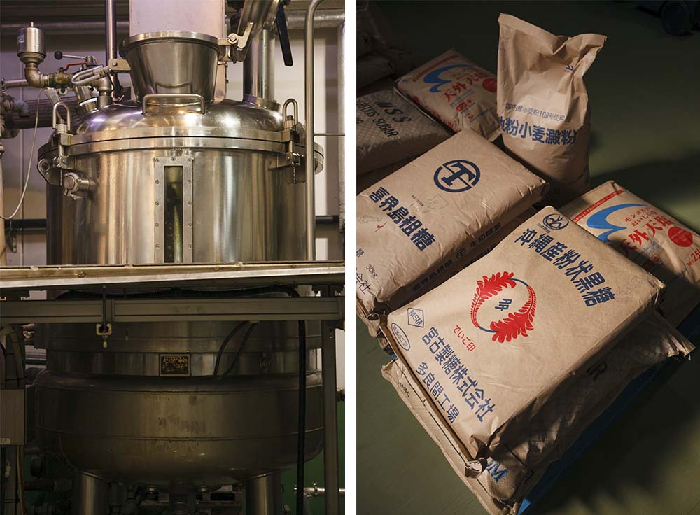 （photo left） Pressure cookers enable slow cooking at low temperatures, preserving the ingredients＇natural flavor and fragrance. （photo right）Okinawan brown sugar is hard to resist, even straight out of the bag.