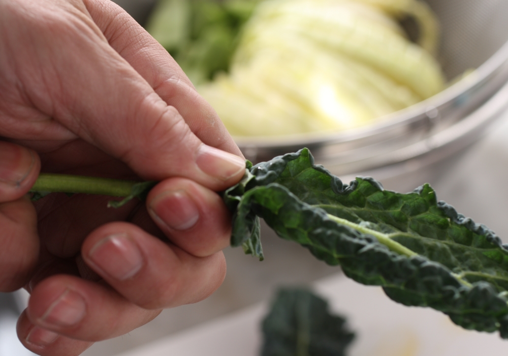 黒キャベツは葉をしごくようにして茎から外し、食べやすい大きさに切る。