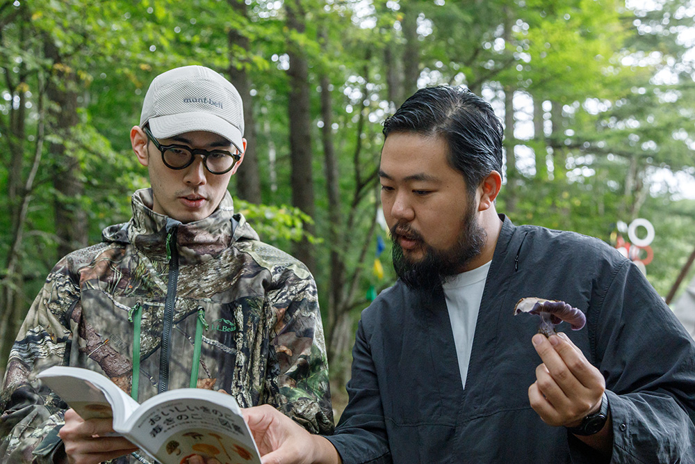 「これはカワムラフウセンタケだね」。フウセンタケには何種類かあるため、図鑑で確認して正確に同定する。