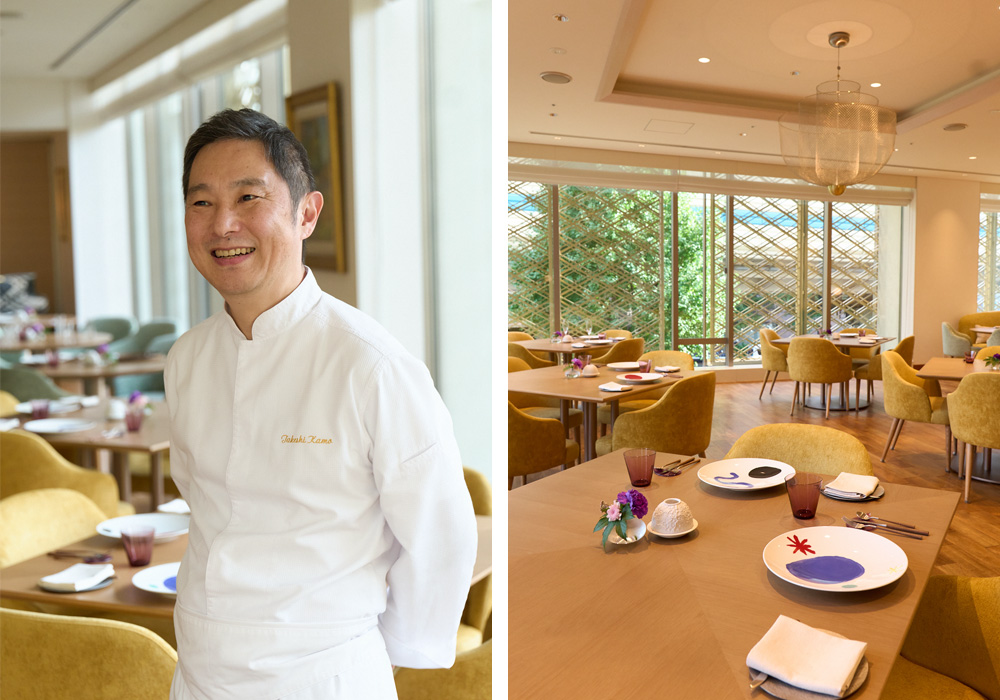 加茂健シェフ。銀座「レカン」で修業後、スイスの三ツ星「ロテル・ドゥ・ヴィル」にて勤務。2007年からはカンボジア王族所有の「ラ・レジデンス」へ招聘、立ち上げから総料理⻑を13年間勤める。2017年フランス農事功労章シュヴァリエを叙勲。2021年帰国。日本のテロワールを生かした身体にやさしいフランス料理を提供する。