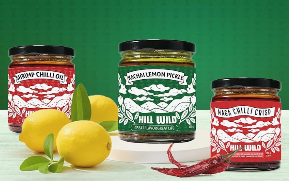 右から「Hill Wild Naga Chilli Crisp」360ルピー、「Kachai Lemon Pickle」300ルピー、「Shrimp Chilli Oil」360ルピー